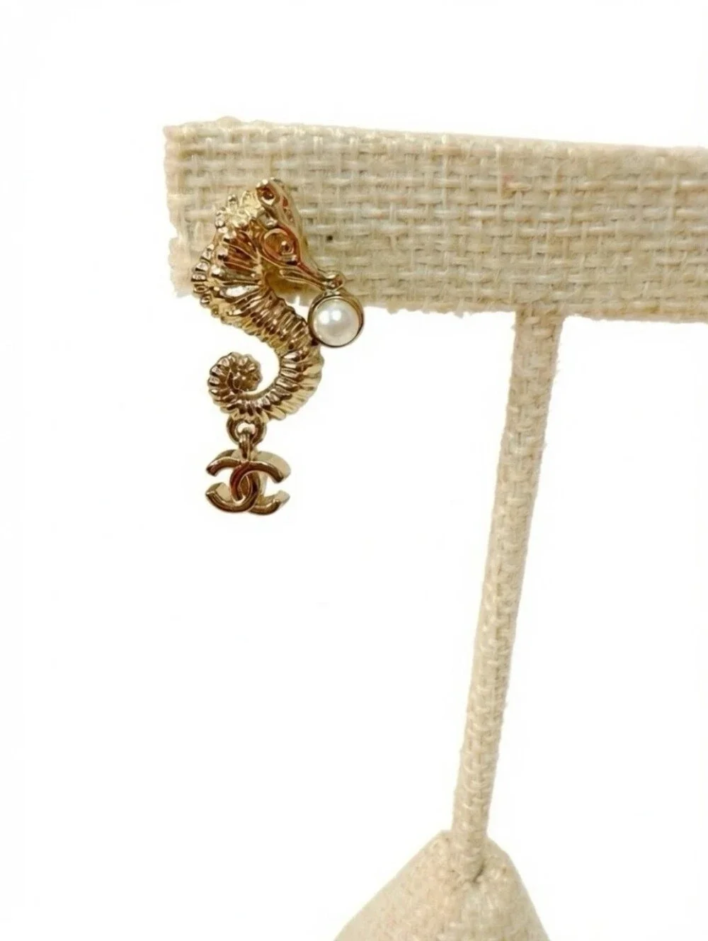 CHANEL Gold Seahorse Pearl Dangle Earrings
